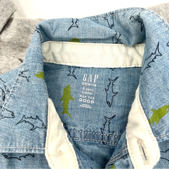 Boy's Bundle 2 Gray Long Sleeve Tops & 1 Short Sleeve Shark Button Down Size 5-6 - Picture 5 of 12